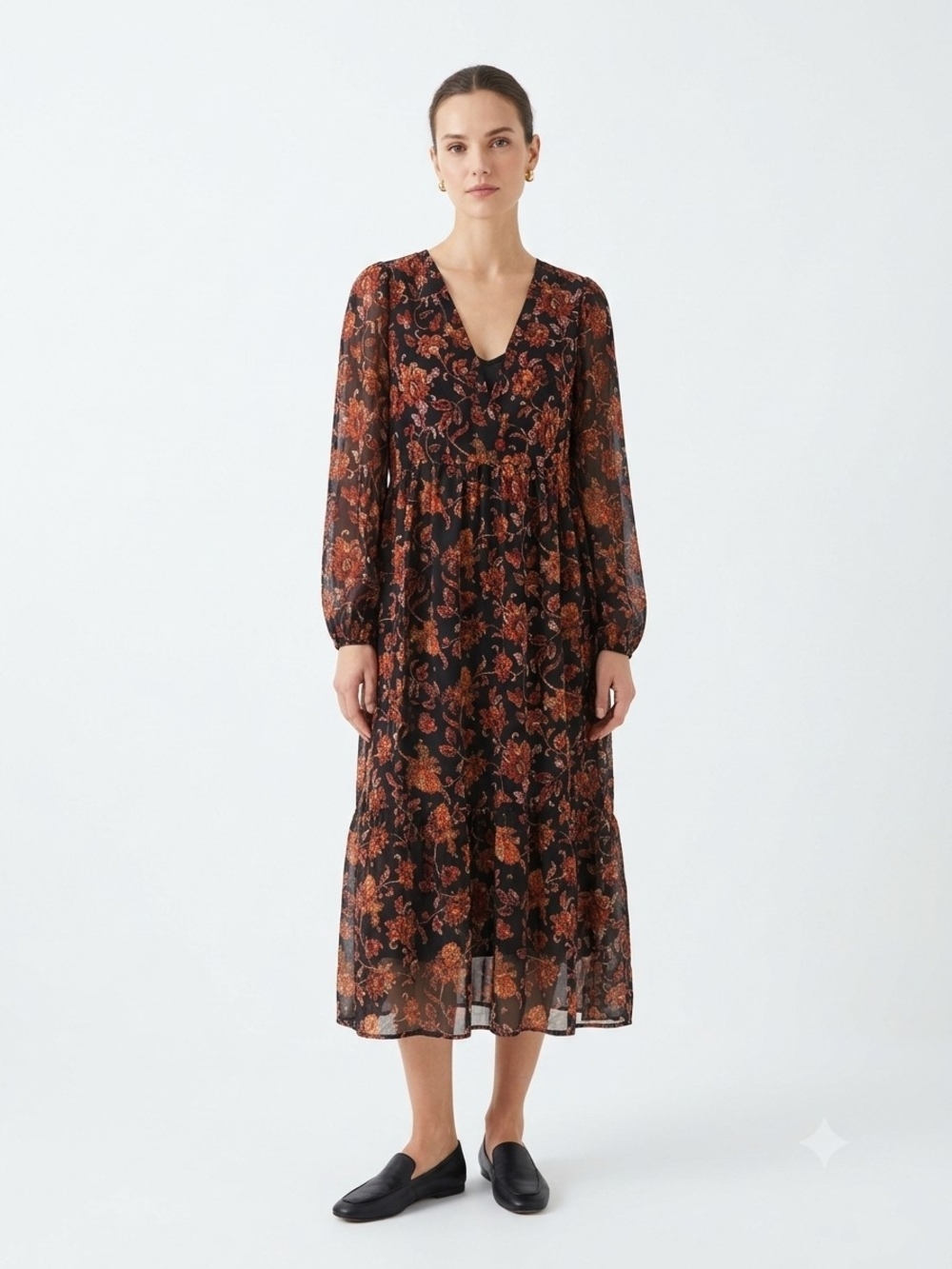 Ophelia Roe Dress Black Orange Floral Bohemian Maxi Sheer M